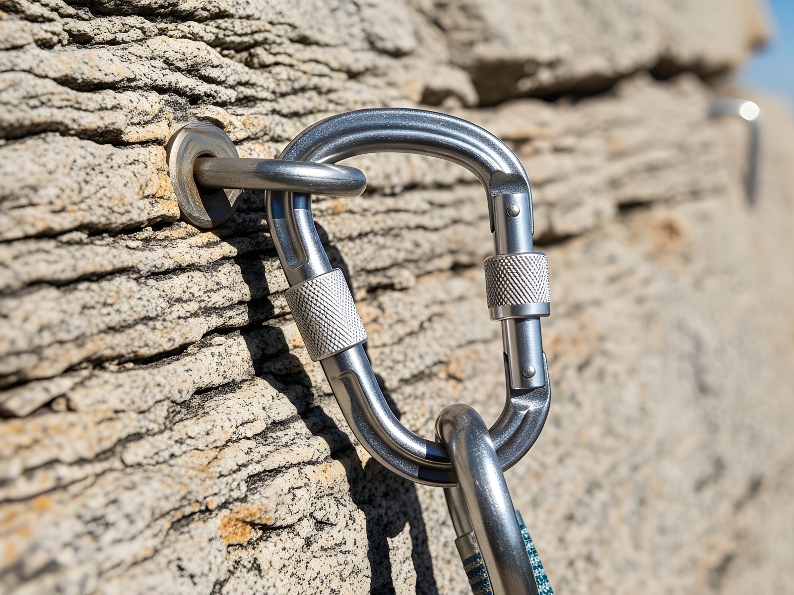 A locking carabiner clipped to a bolted anchor in rock.
